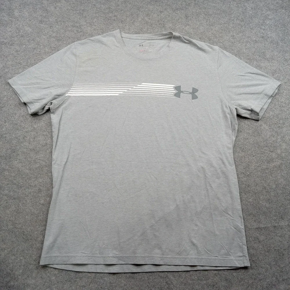 Under Armour Shirt Mens Large Gray Stripe Logo HeatGear Tee Tagless Athletic